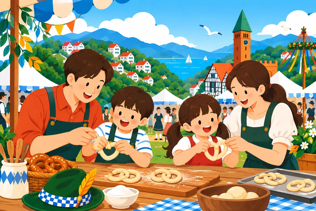 Eine Familie formt Brezn unter einem Zeltdach