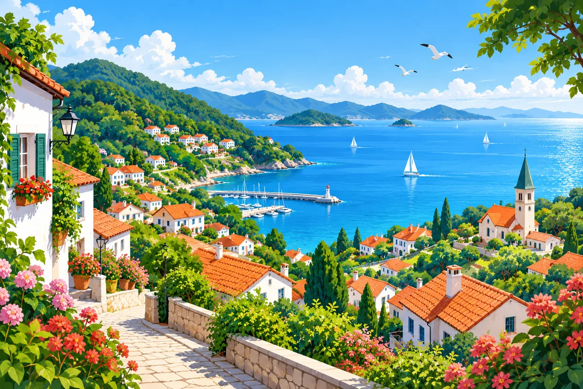 Häuser des Deutschen Dorfes am Hang über dem Meer