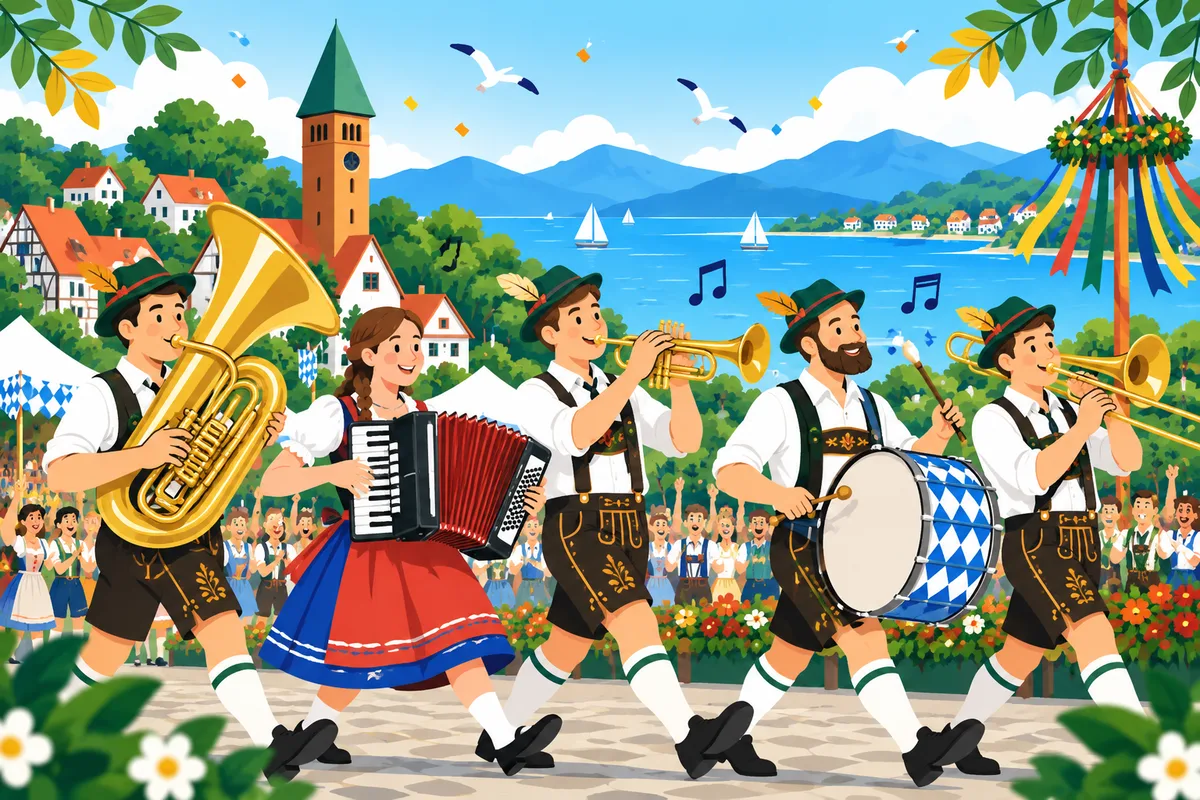 Eine Kapelle in Tracht zieht spielend durch die Straßen