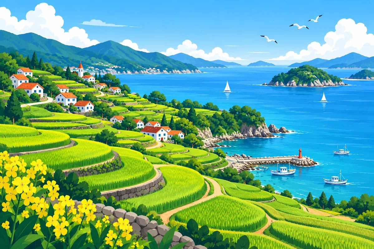 Reisterrassen, die zum Meer hinabführen
