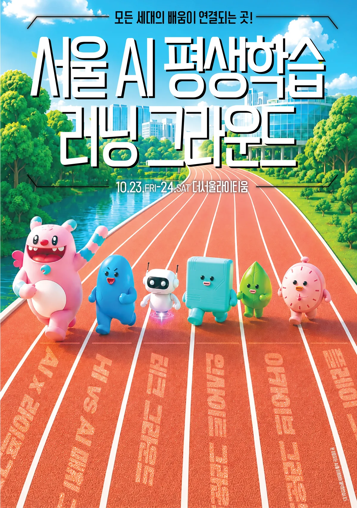 러닝 트랙을 달리는 캐릭터들과 행사 제목이 담긴 포스터